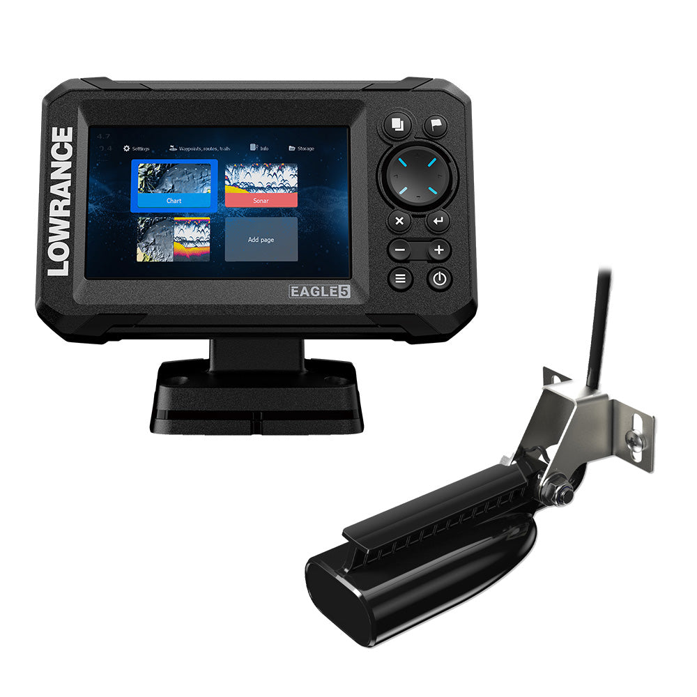 Image of the Lowrance Eagle 5 fish finder with included SplitShot transducer.