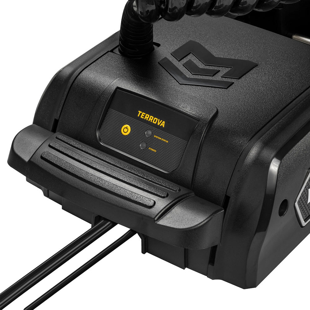 Image showing the foot release pedal and location of the power button ont the Minn Kota Terrova QUEST 90/115 Trolling Motor w/Wireless Remote - MEGA Down/Side Imaging - 24/36V - 90/115LBS - 60".